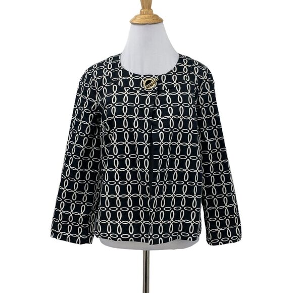 Charter Club Collarless Blazer Womens S Small Black Cream Chain Clasp Lined - Picture 1 of 12